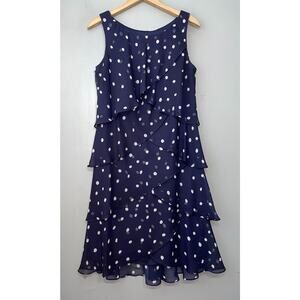SL Fashions Dress Size 10 Sleeveless Navy Polka Dot Chiffon Tiered Ruffles Chic